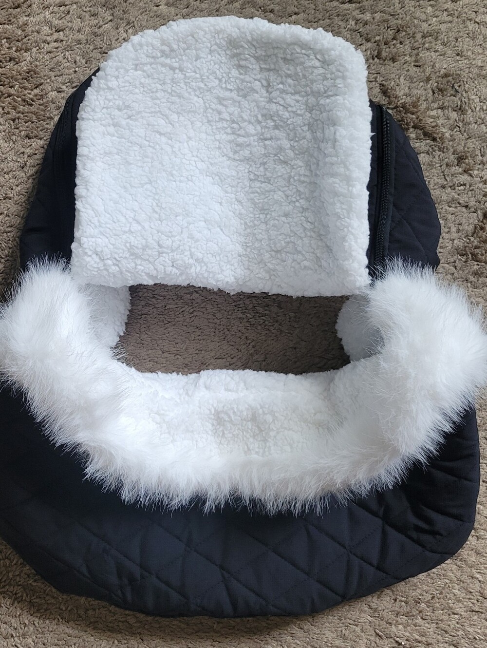 Quilted Black Infant Car Seat Cover with White Sherpa Lining